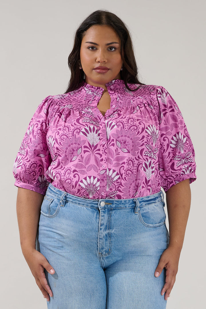 Blossom Smocked Mock Neck Top Floral Curve