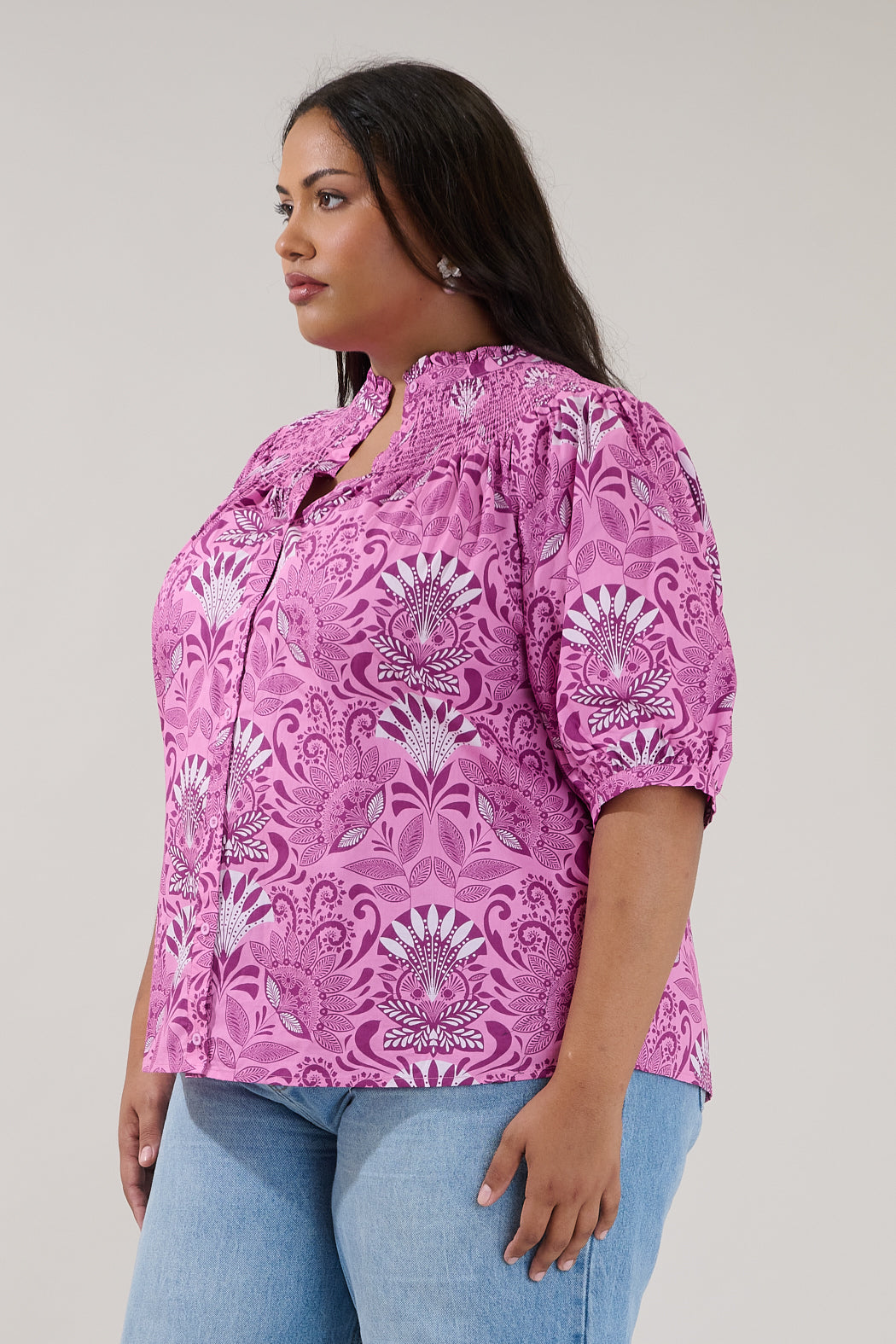 Blossom Smocked Mock Neck Top Floral Curve