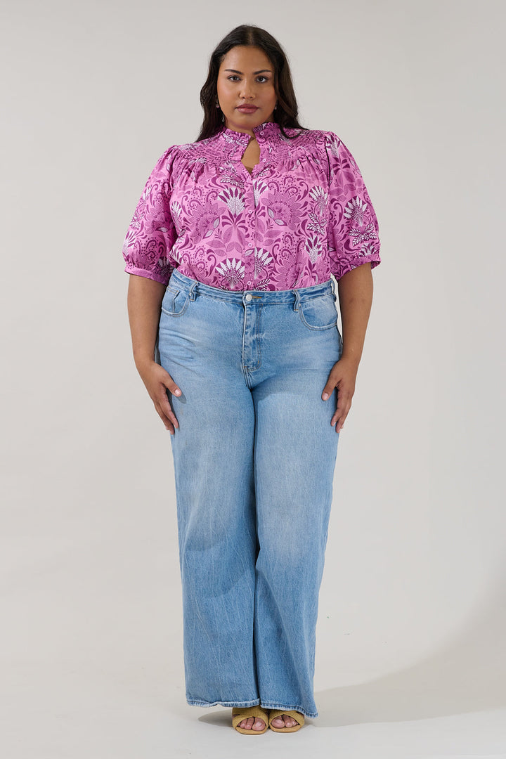 Blossom Smocked Mock Neck Top Floral Curve