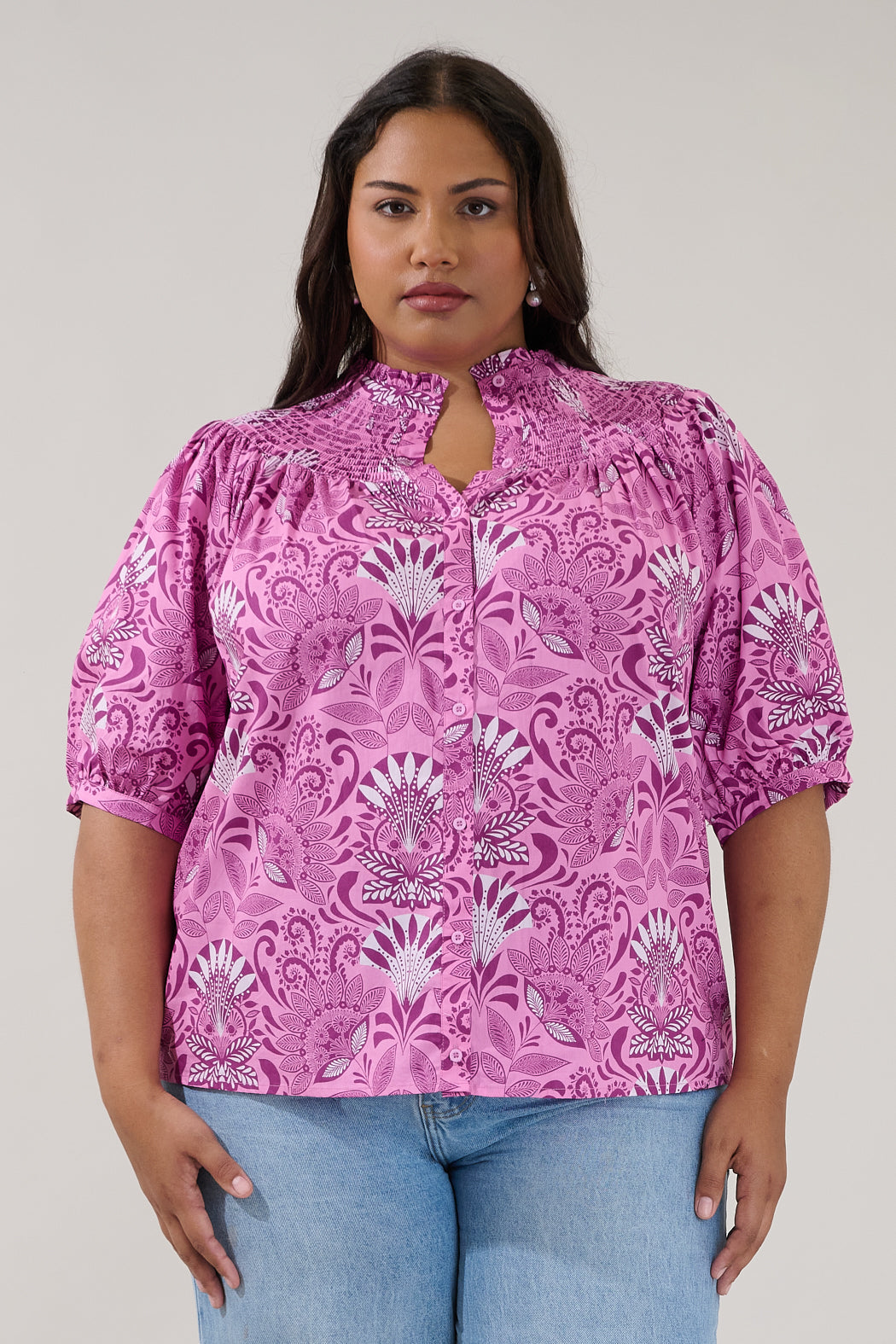 Blossom Smocked Mock Neck Top Floral Curve