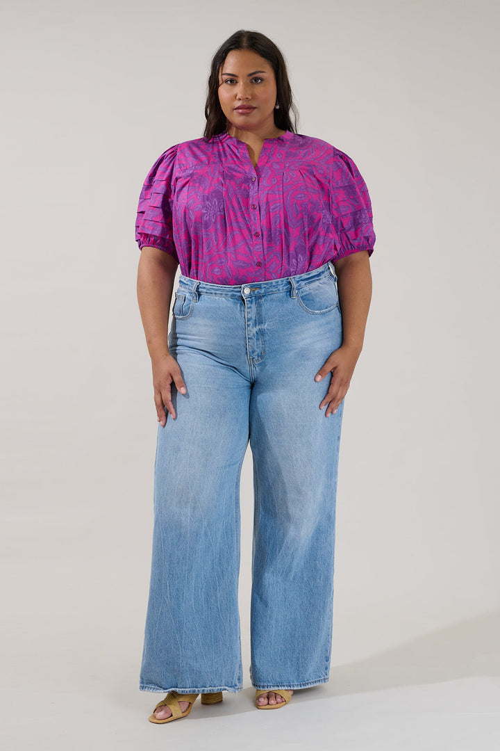 Court Button Down Top Floral Curve