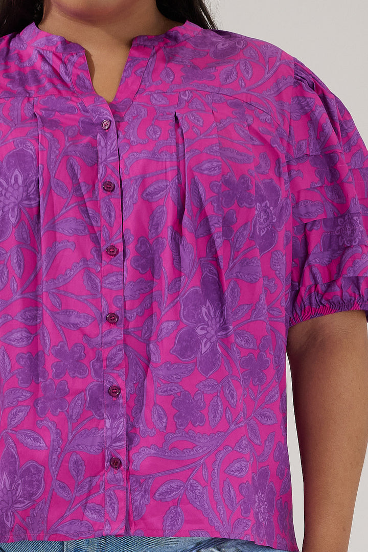 Court Button Down Top Floral Curve