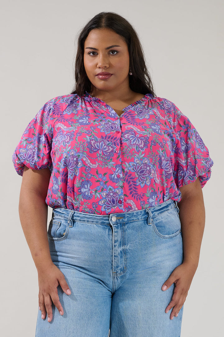 Avy Button Down Top Floral Curve