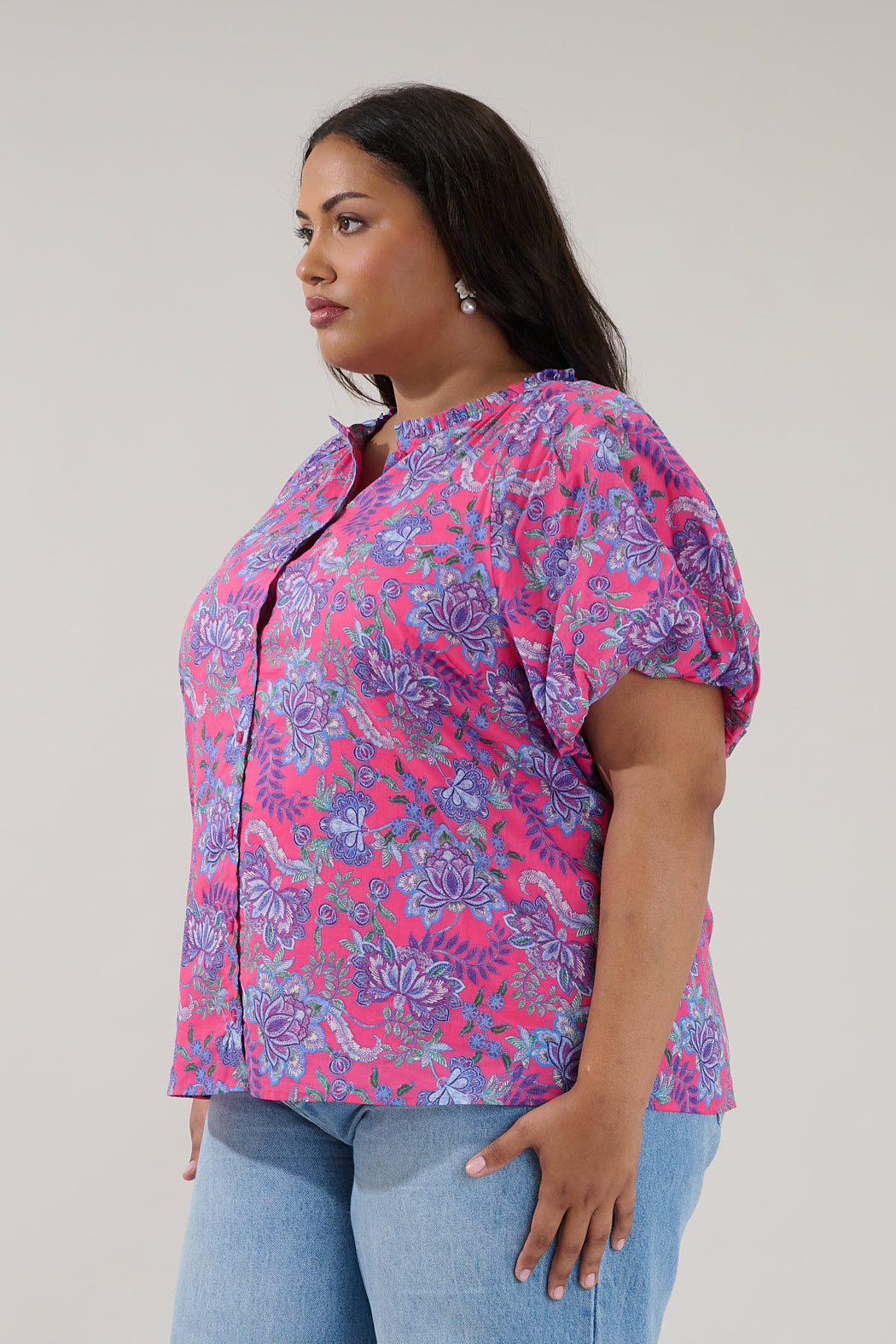 Avy Button Down Top Floral Curve