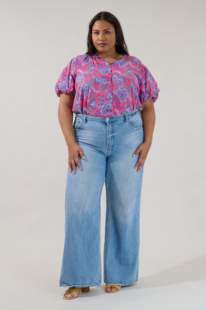 Avy Button Down Top Floral Curve