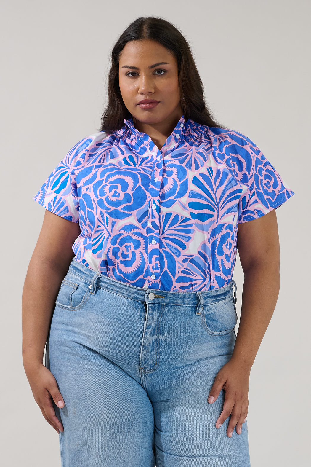 Patma Mock Neck Top Floral Curve