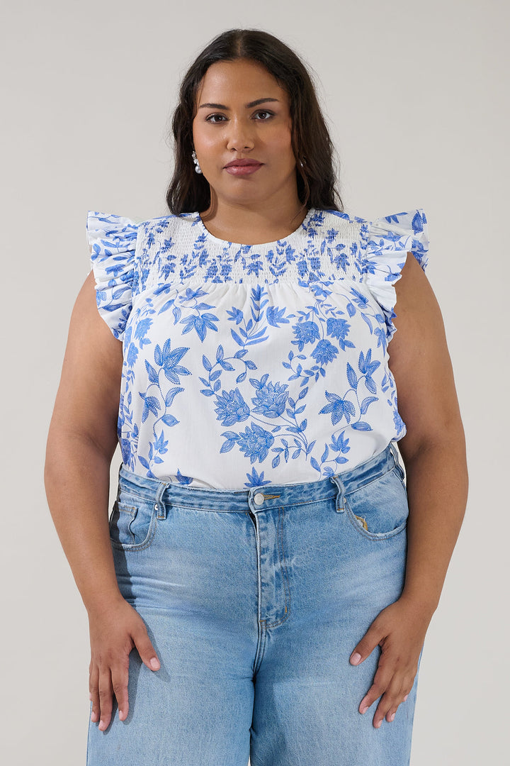 Tisha Ruffle Top Bluebell Floral Curve