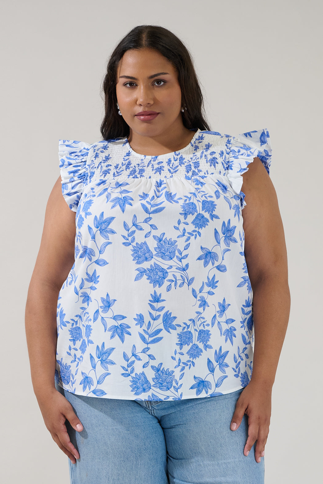 Tisha Ruffle Top Bluebell Floral Curve