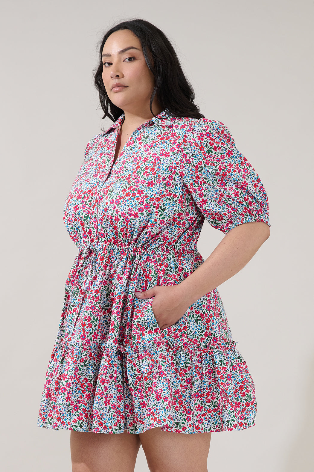 Stacie Button Down Mini Dress Floral Curve
