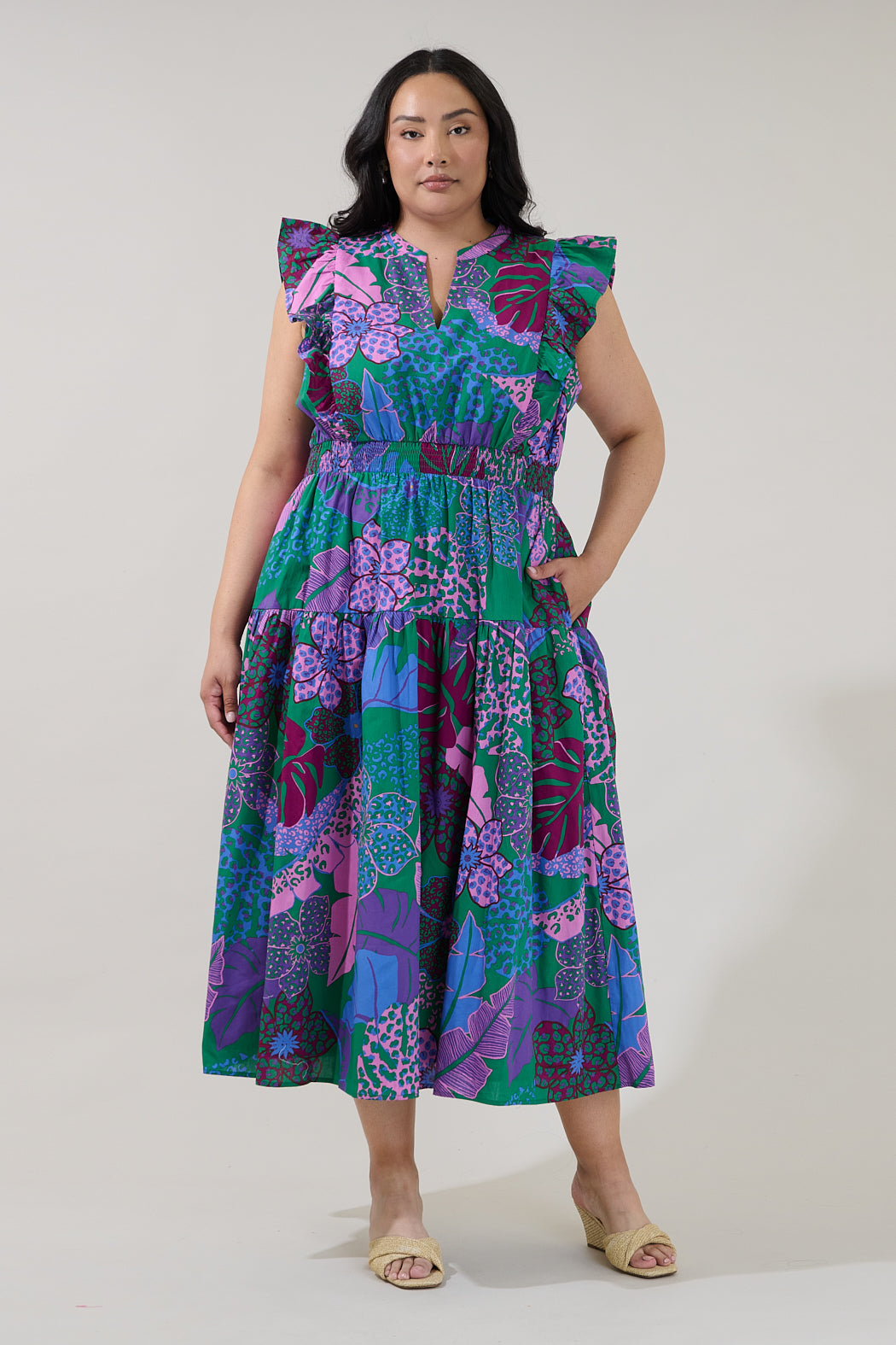 Virna Ruffle Midi Dress Tropical Curve