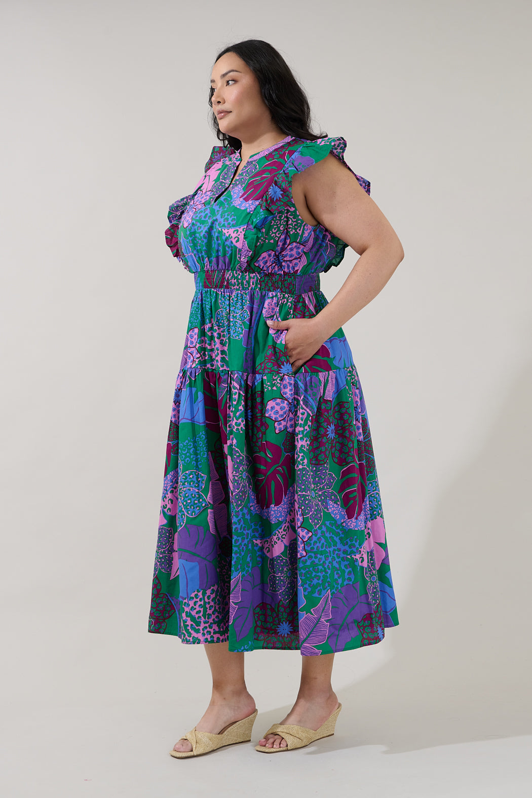 Virna Ruffle Midi Dress Tropical Curve
