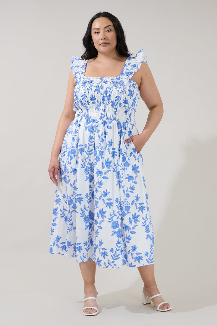 Heidi Smocked Midi Dress Bluebell Floral Curve