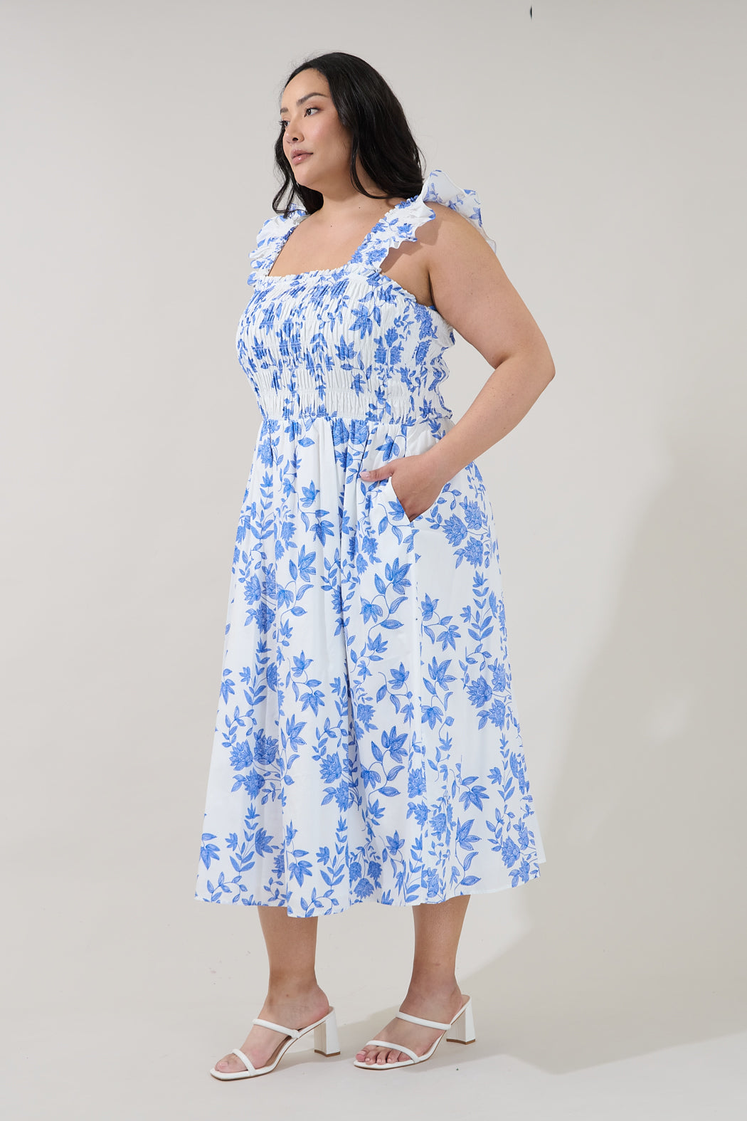 Heidi Smocked Midi Dress Bluebell Floral Curve