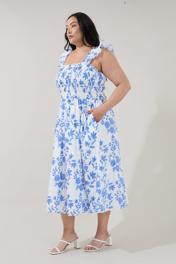 Heidi Smocked Midi Dress Bluebell Floral Curve