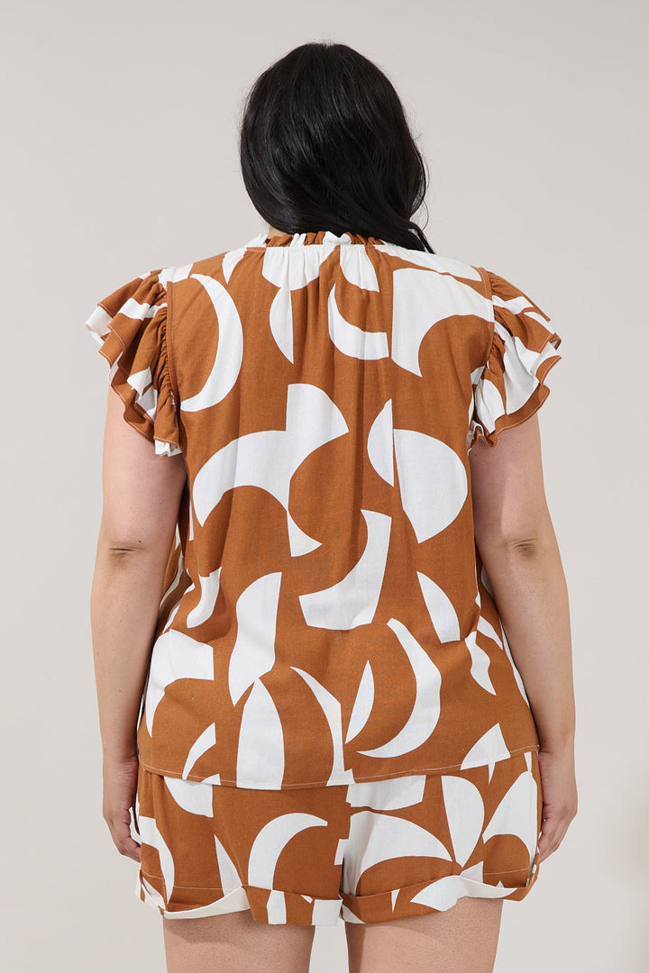 Risette Ruffle Split Neck Top Abstract Curve