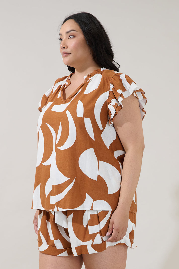 Risette Ruffle Split Neck Top Abstract Curve