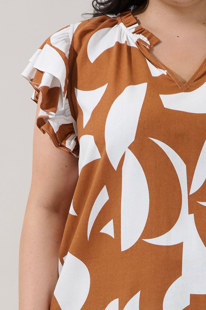 Risette Ruffle Split Neck Top Abstract Curve