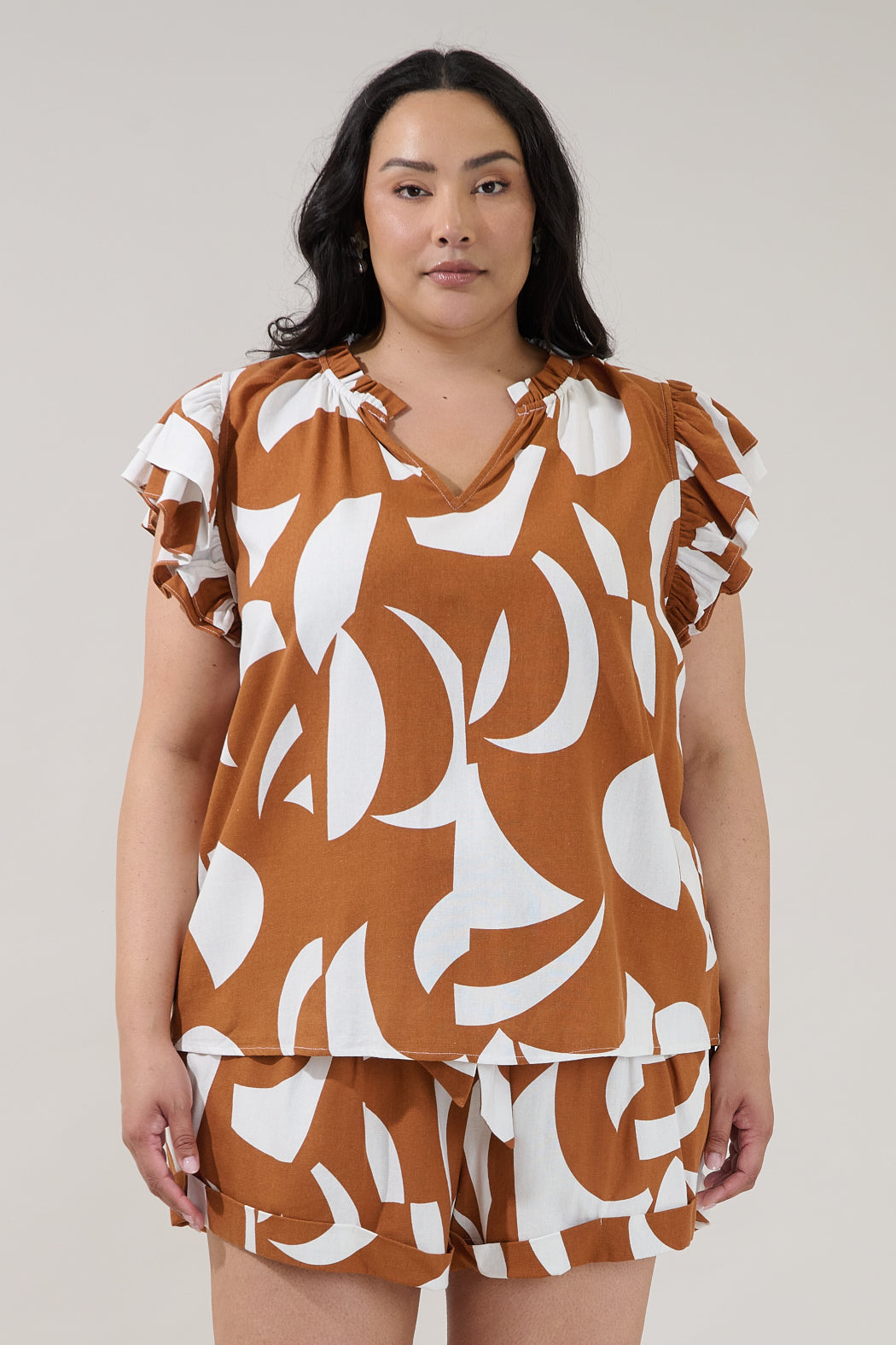 Risette Ruffle Split Neck Top Abstract Curve