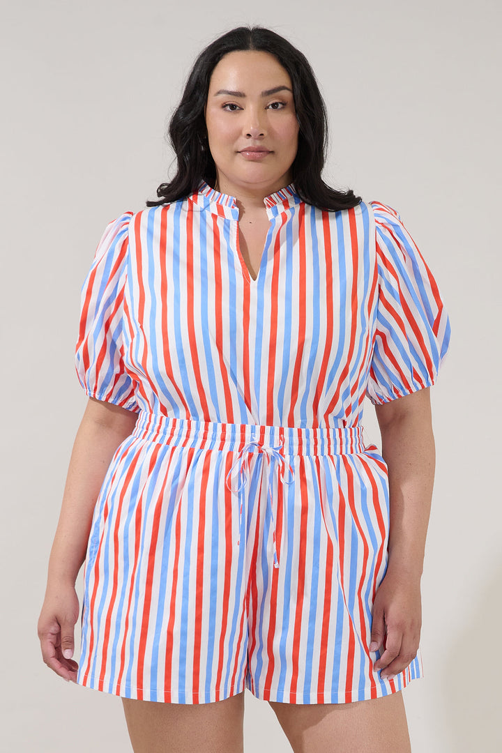 Daly Split Neck Top Stripe Curve