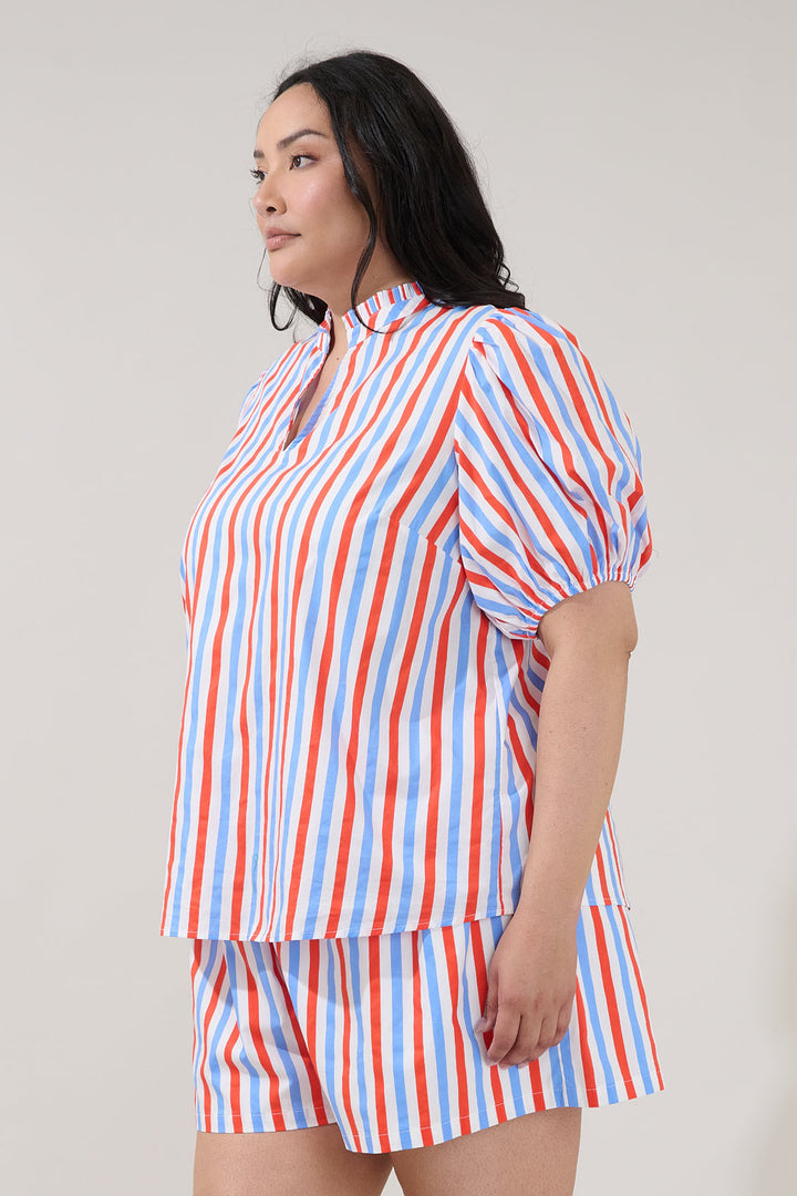 Daly Split Neck Top Stripe Curve