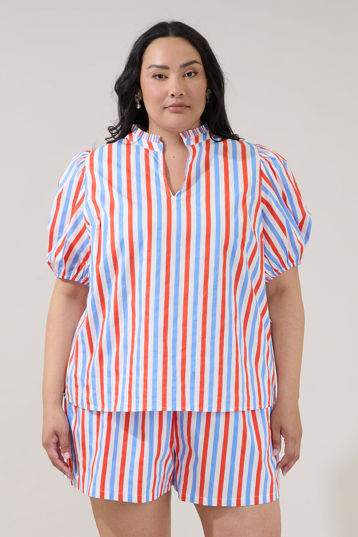Daly Split Neck Top Stripe Curve