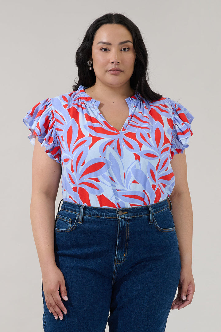 Risette Ruffle Split Neck Top Areca Curve
