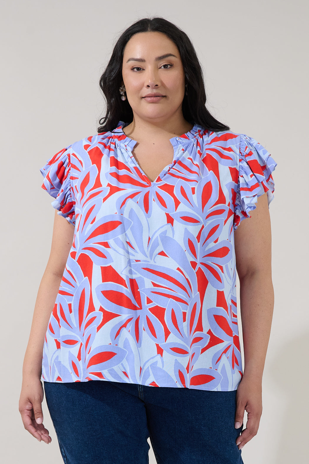 Risette Ruffle Split Neck Top Areca Curve