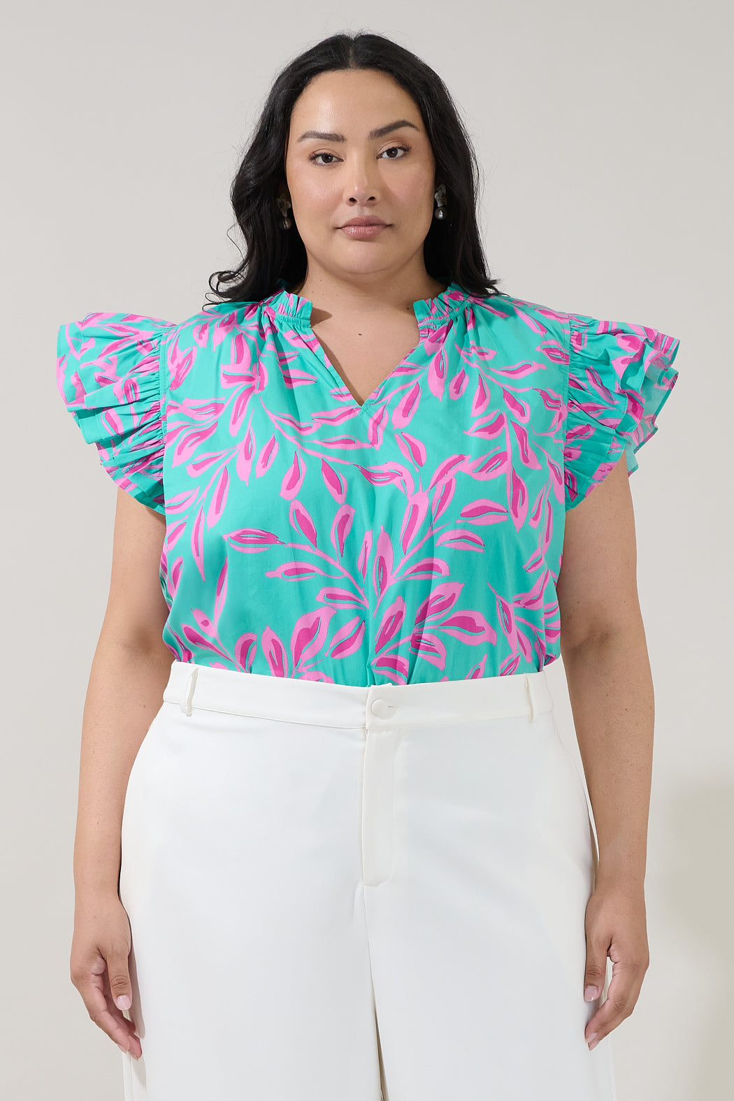 Risette Ruffle Split Neck Top Palmate Curve