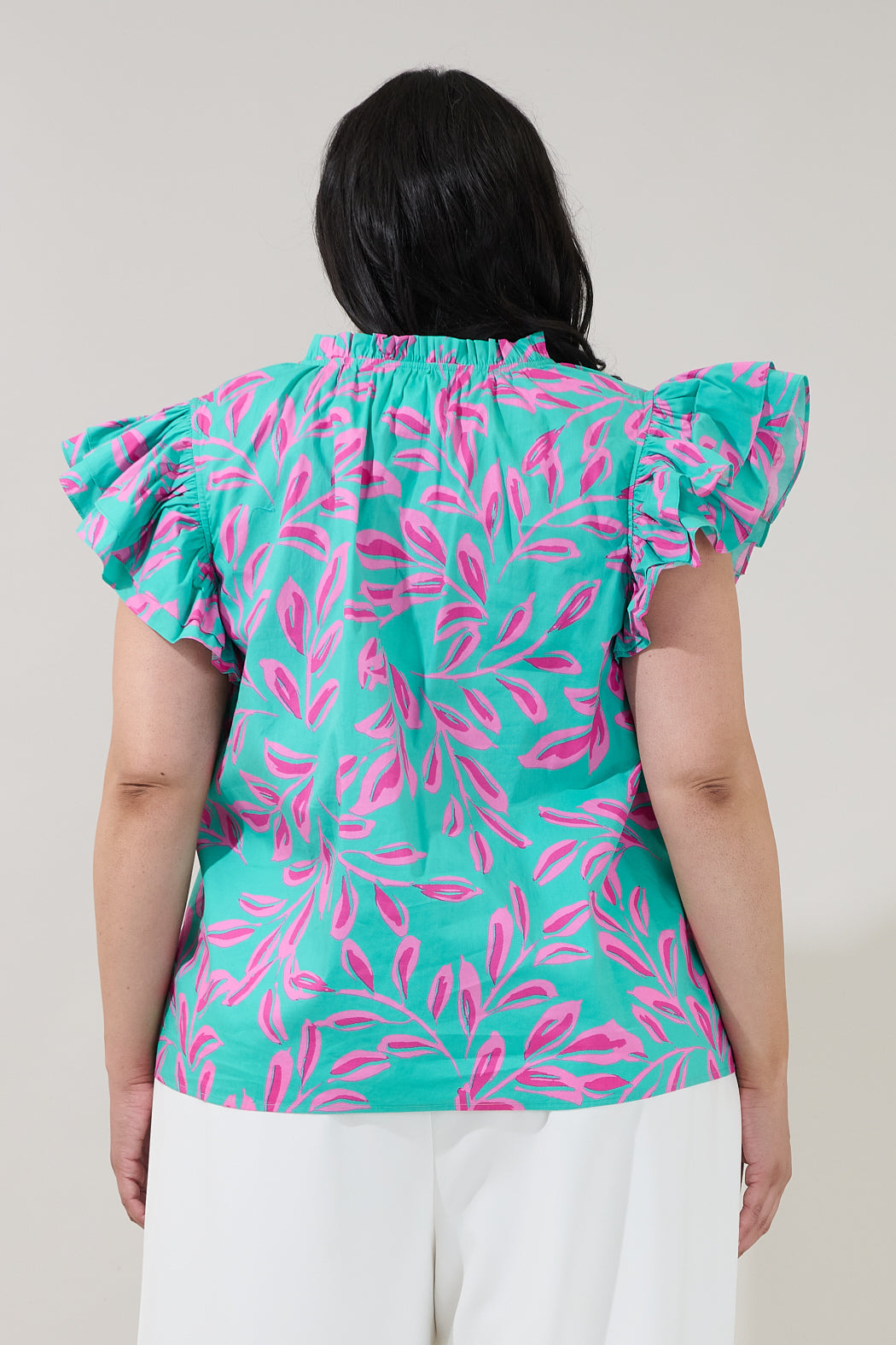 Risette Ruffle Split Neck Top Palmate Curve