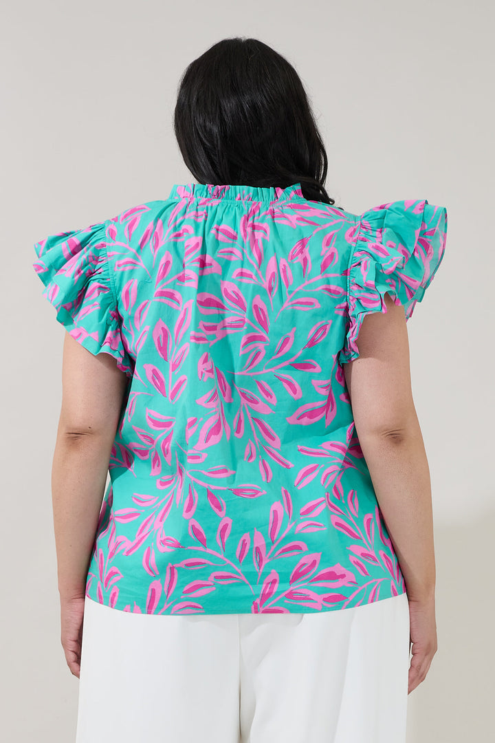 Risette Ruffle Split Neck Top Palmate Curve