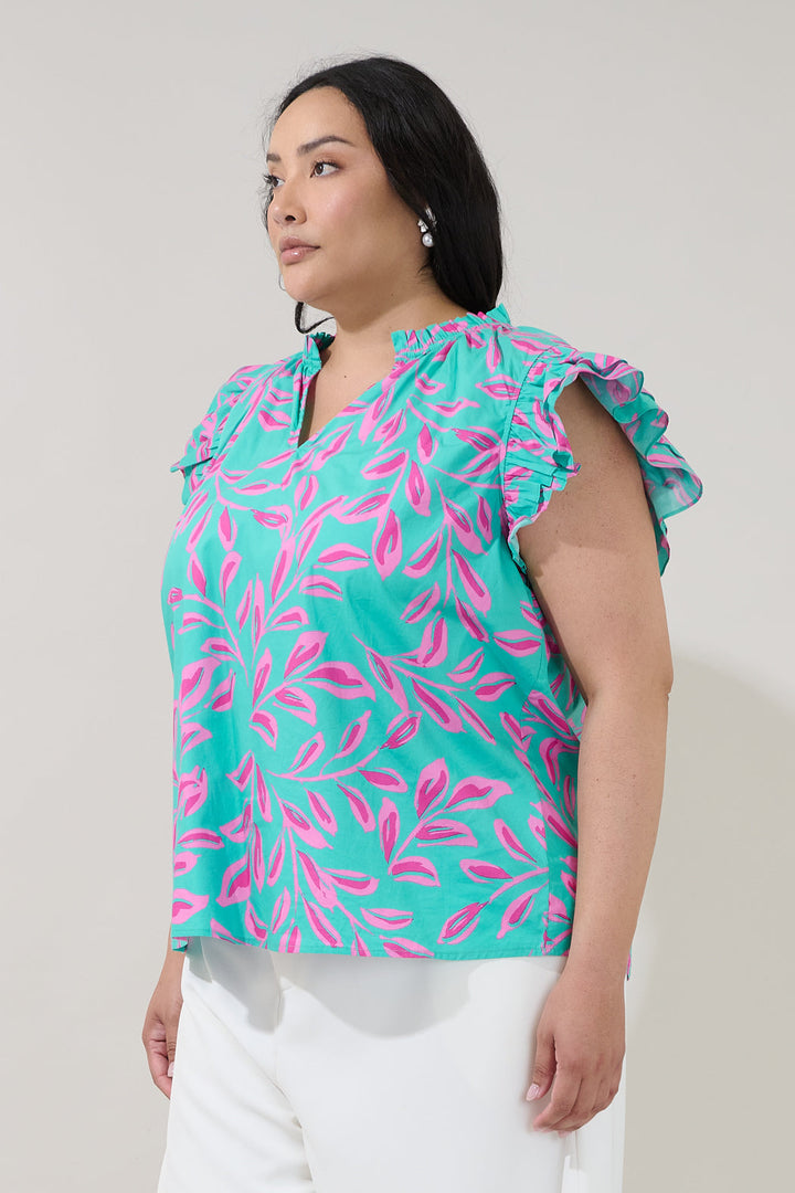 Risette Ruffle Split Neck Top Palmate Curve