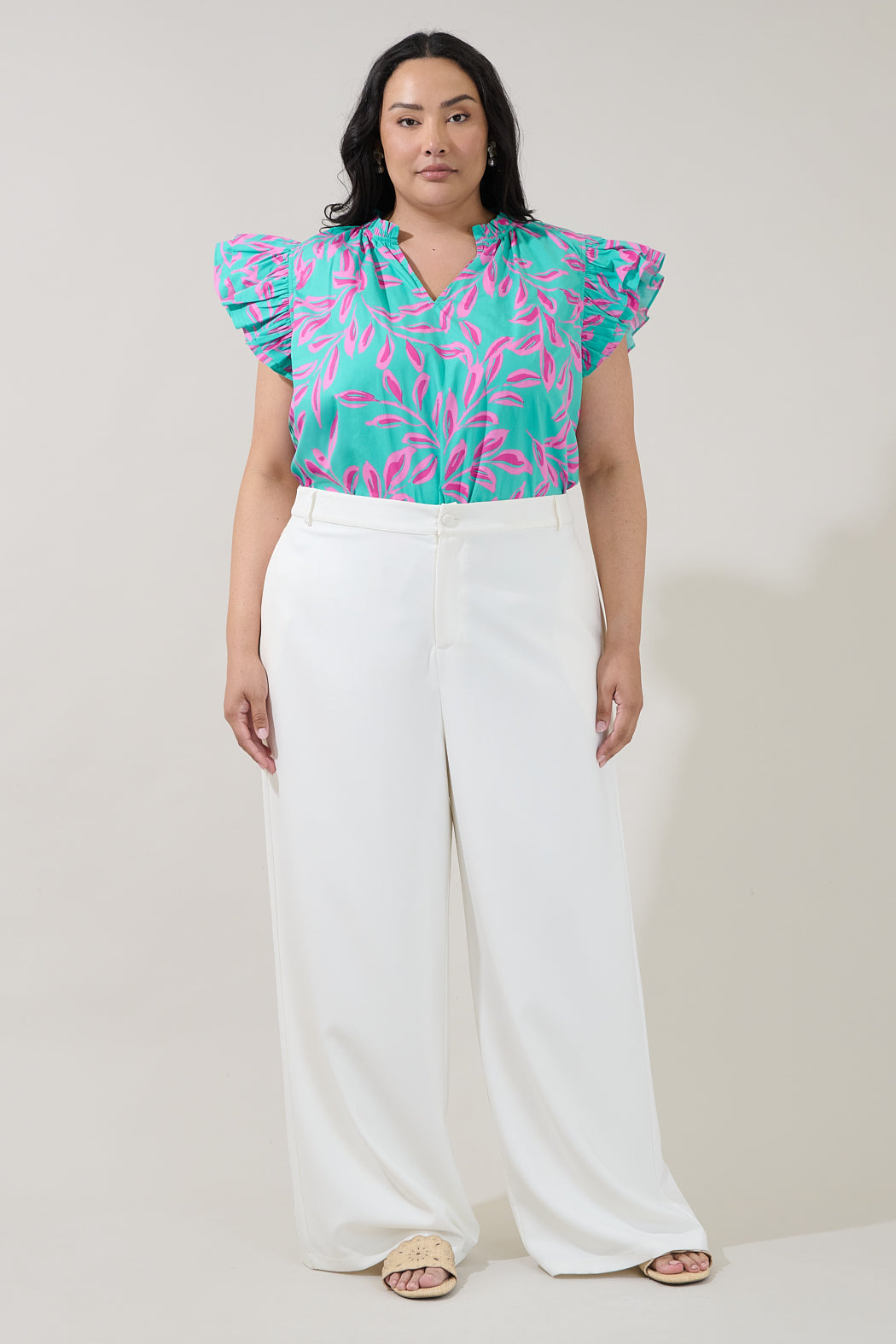 Risette Ruffle Split Neck Top Palmate Curve