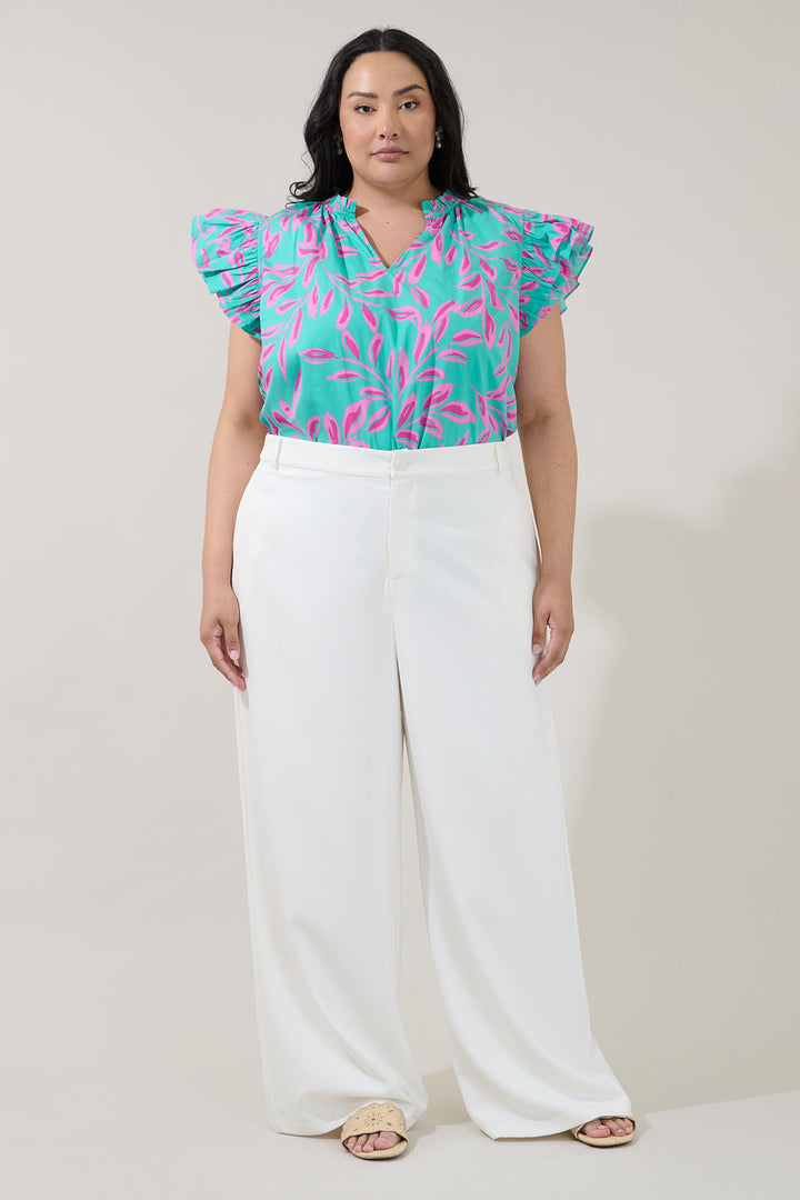 Risette Ruffle Split Neck Top Palmate Curve