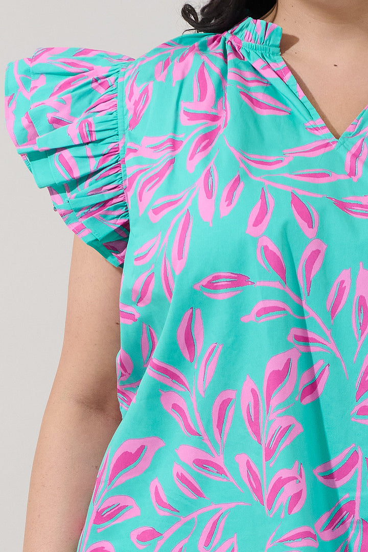 Risette Ruffle Split Neck Top Palmate Curve