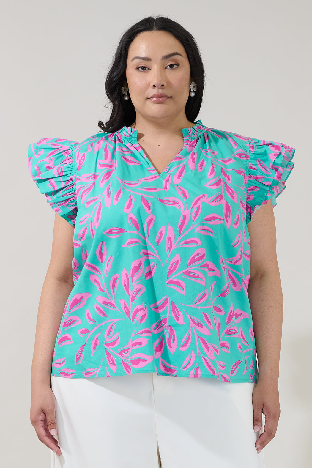 Risette Ruffle Split Neck Top Palmate Curve