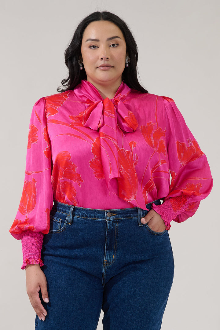 Etienne Tie Neck Long Sleeve Blouse Gleny Floral Curve