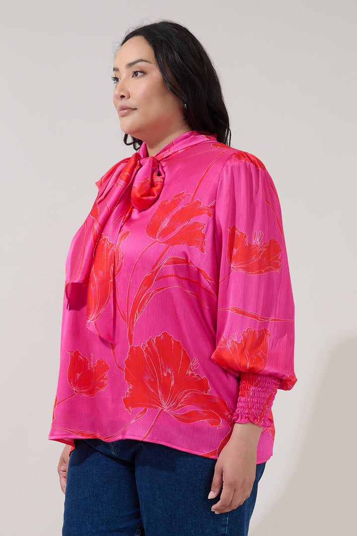 Etienne Tie Neck Long Sleeve Blouse Gleny Floral Curve