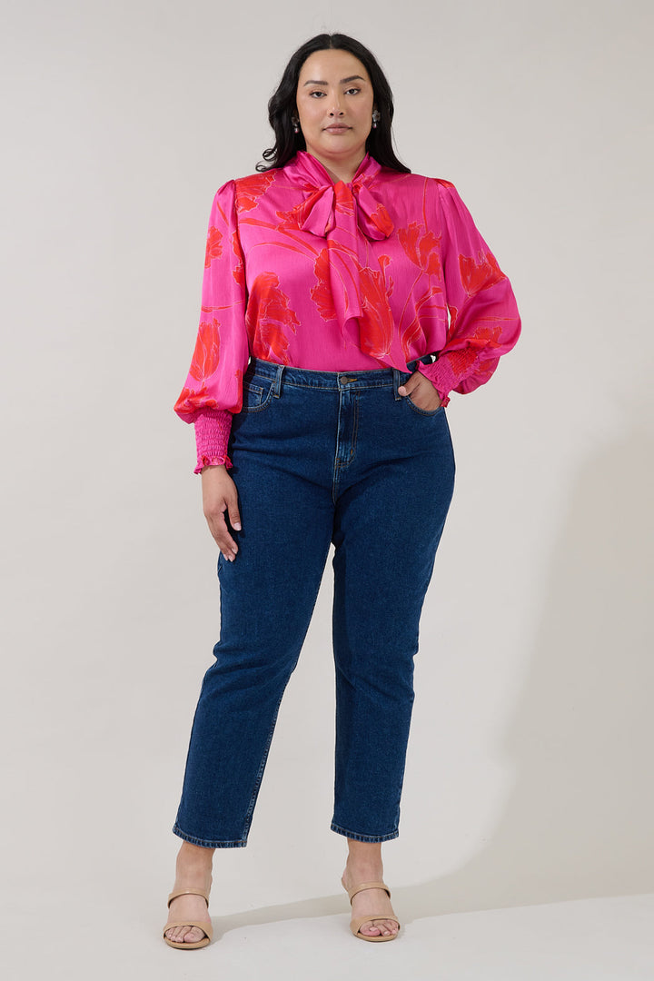 Etienne Tie Neck Long Sleeve Blouse Gleny Floral Curve