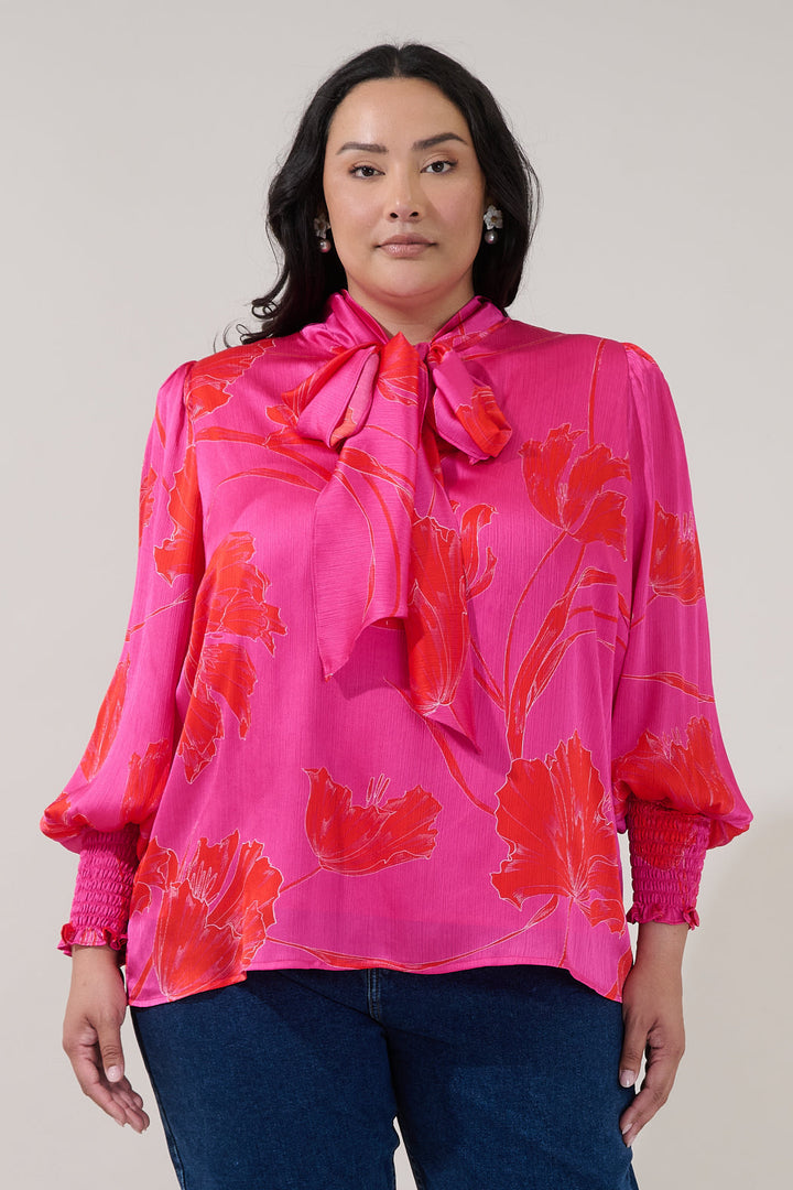 Etienne Tie Neck Long Sleeve Blouse Gleny Floral Curve