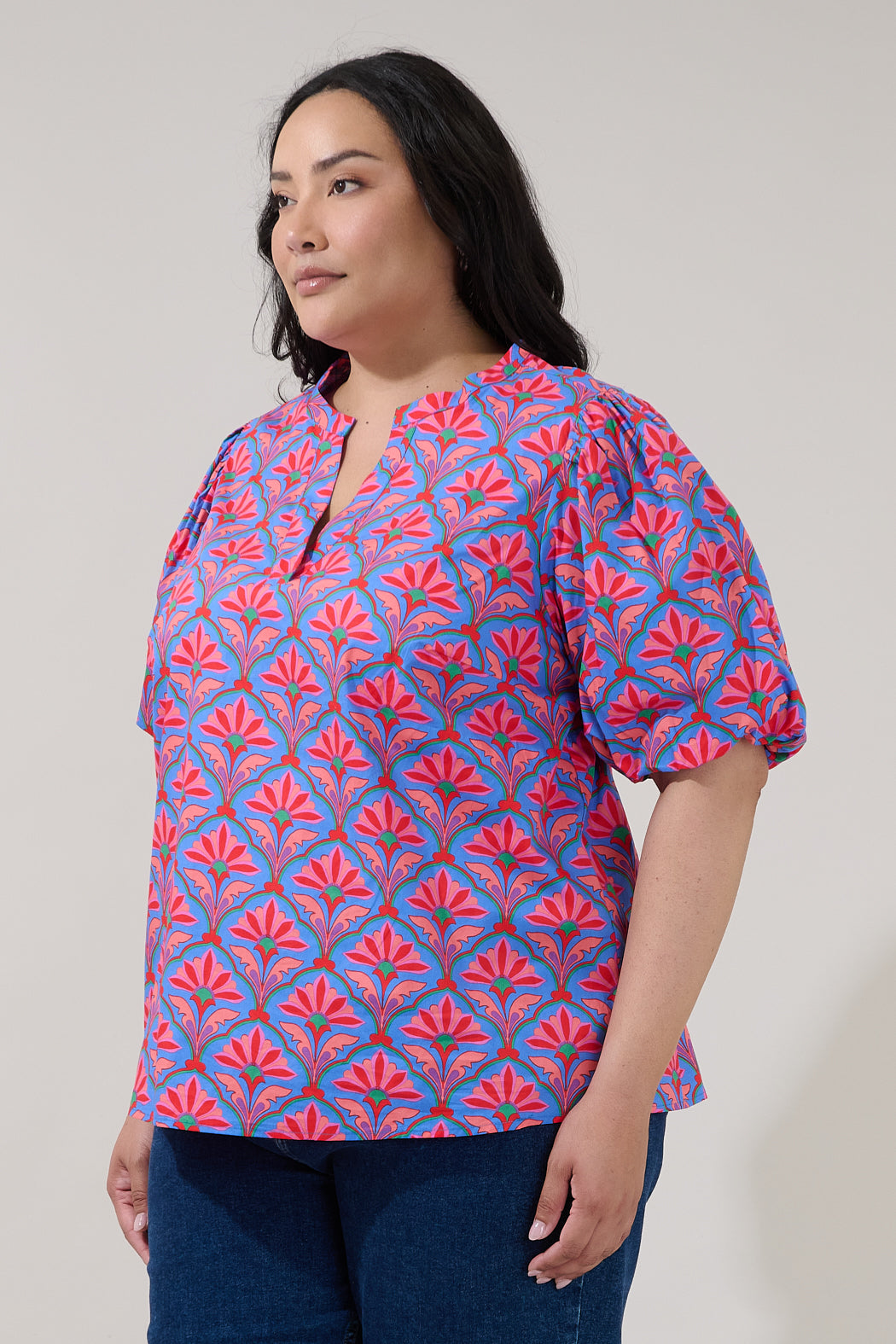 Jolene Split Neck Top Floral Curve