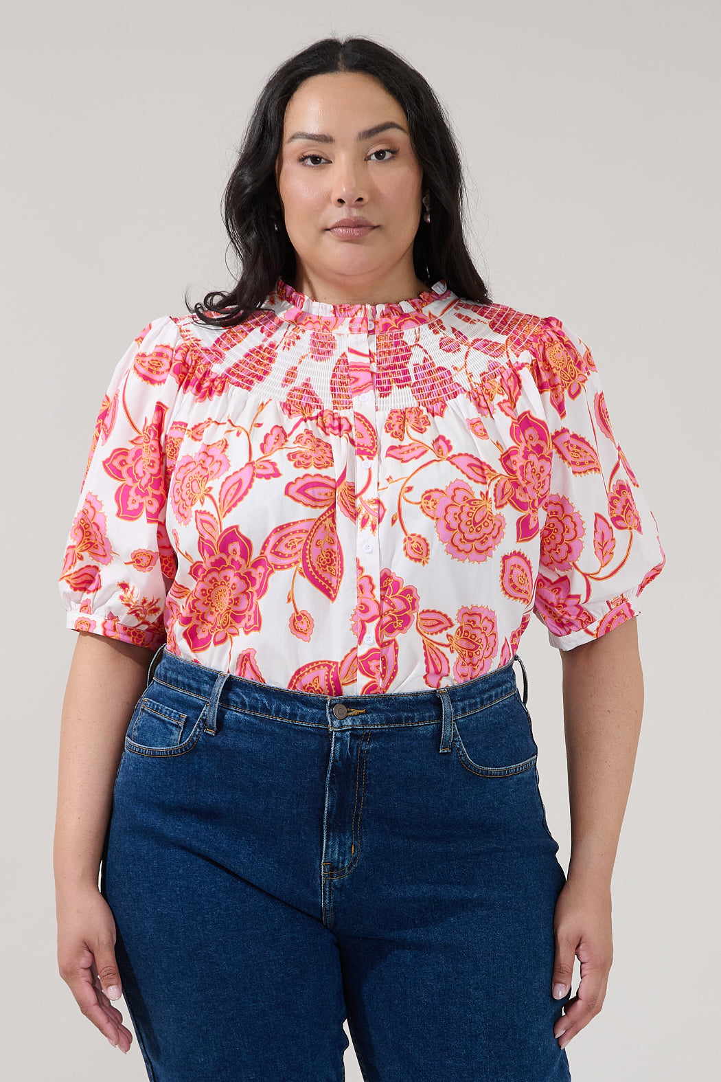 Blossom Smocked Mock Neck Top Arely Floral Curve