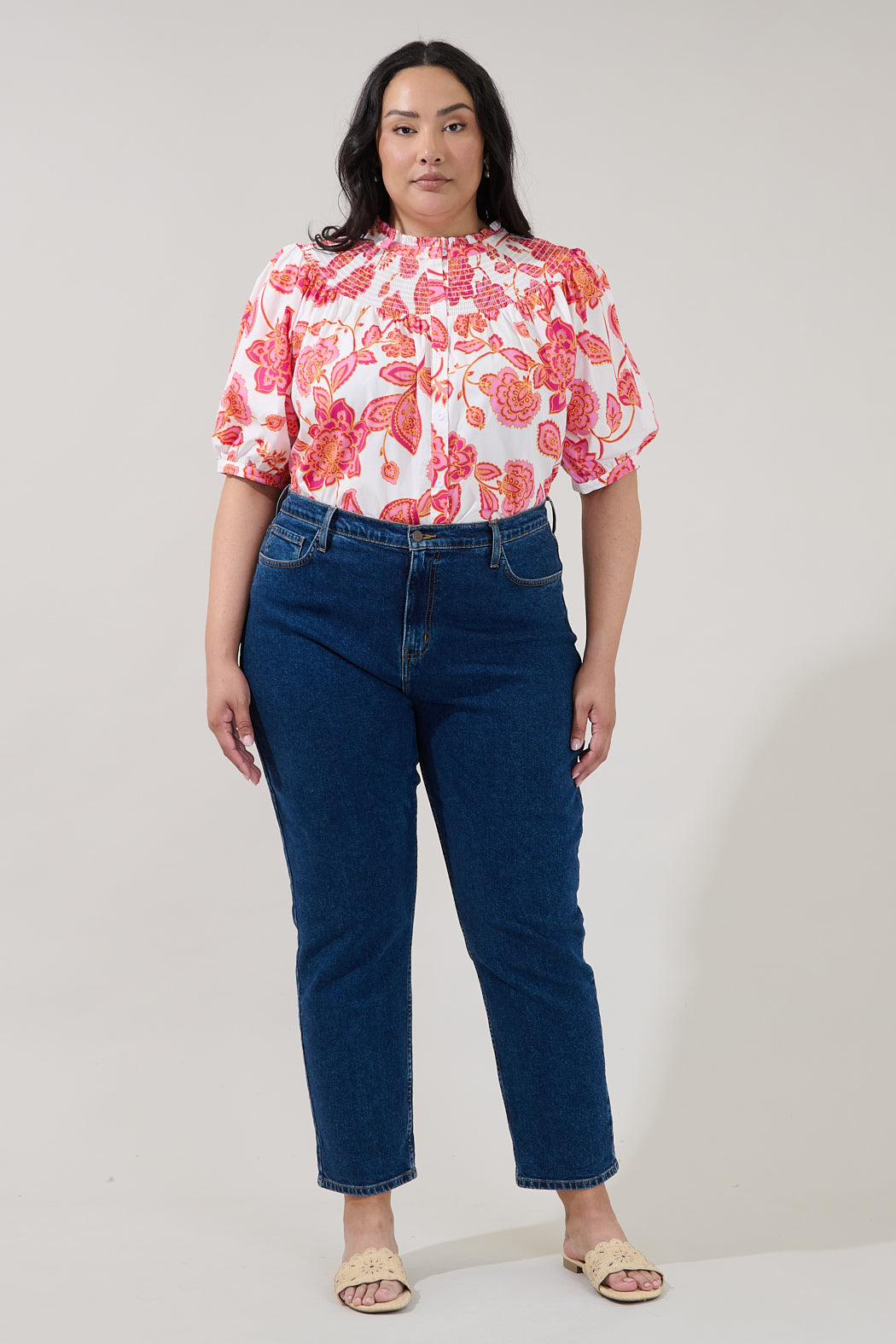 Blossom Smocked Mock Neck Top Arely Floral Curve