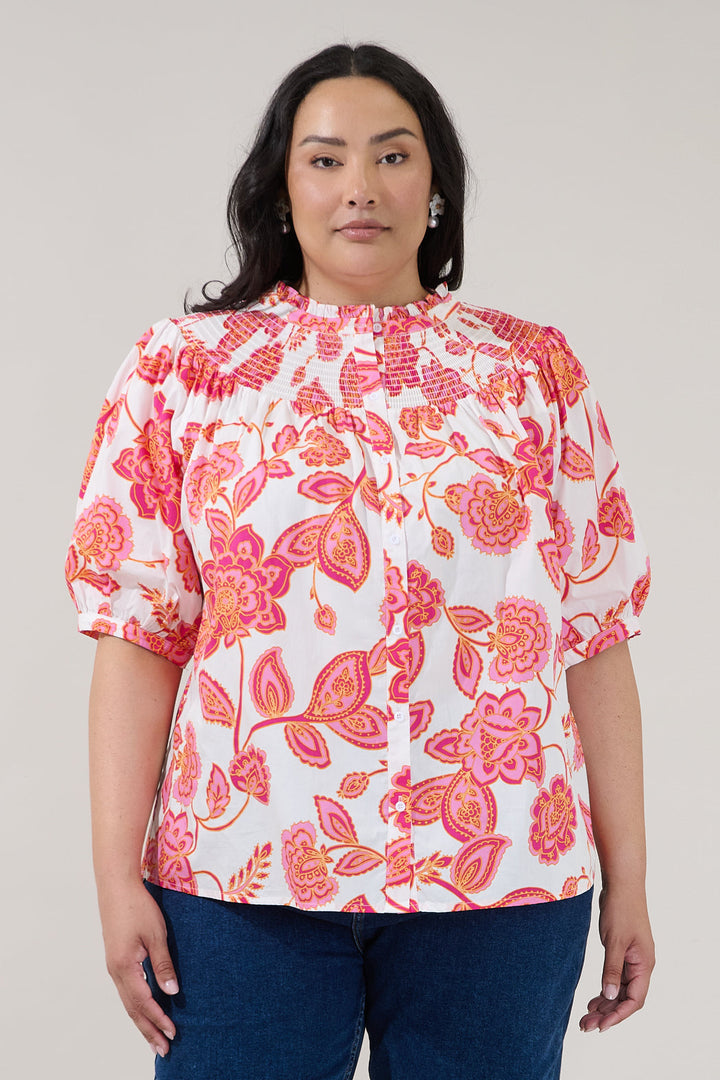 Blossom Smocked Mock Neck Top Arely Floral Curve