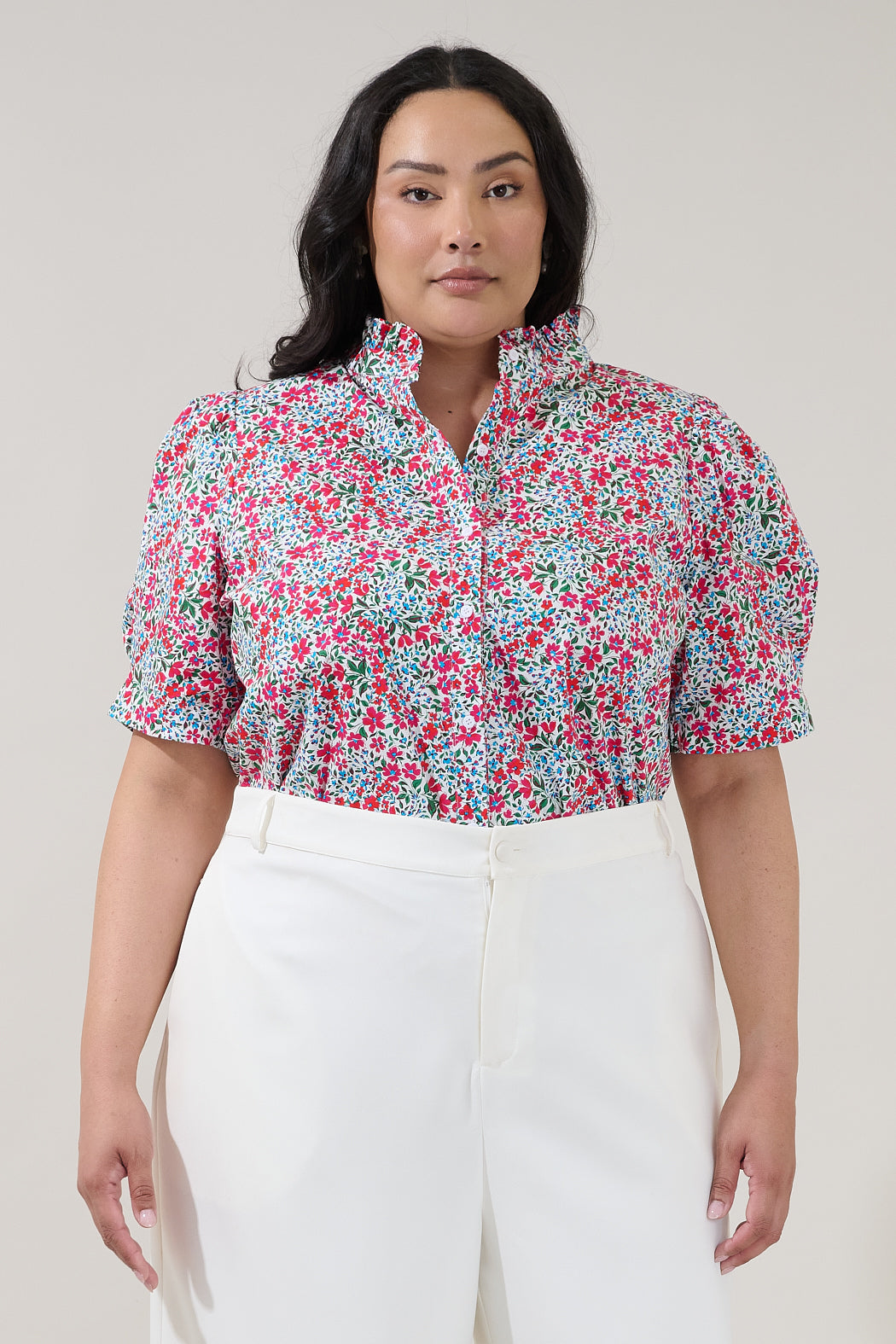 Finley Ruffle Button Down Top Floral Curve
