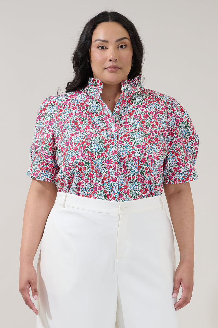 Finley Ruffle Button Down Top Floral Curve