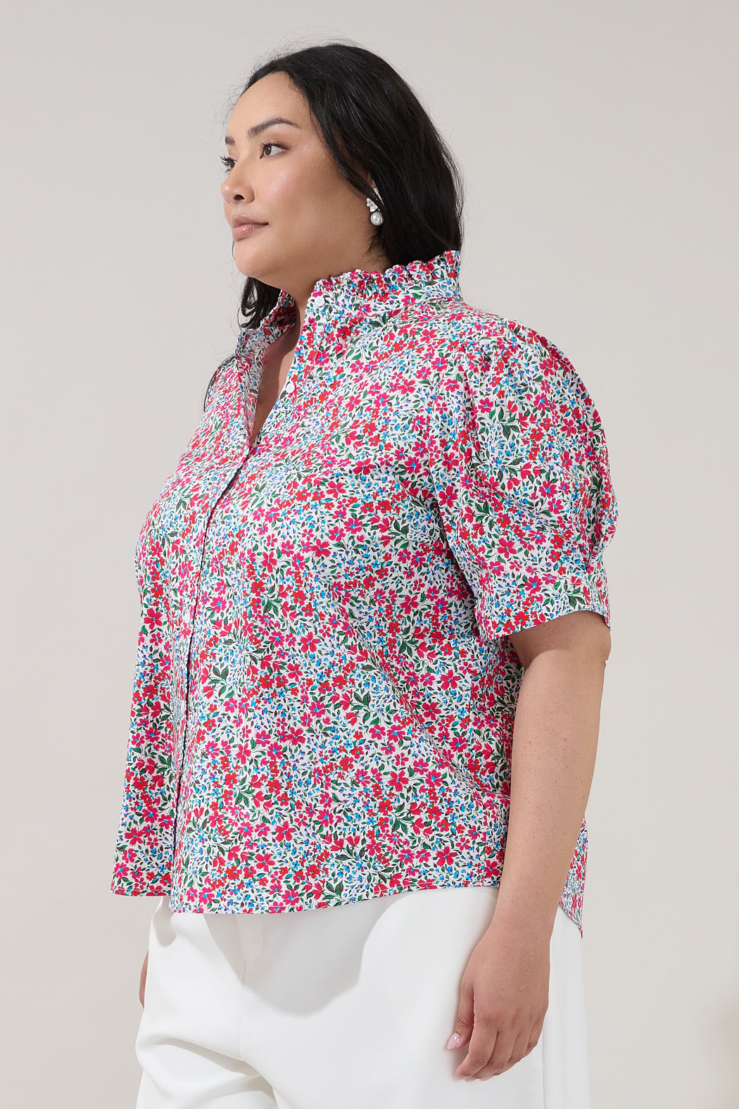Finley Ruffle Button Down Top Floral Curve