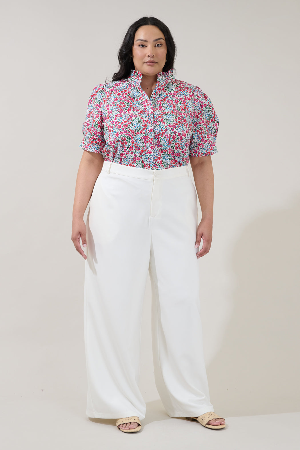Finley Ruffle Button Down Top Floral Curve