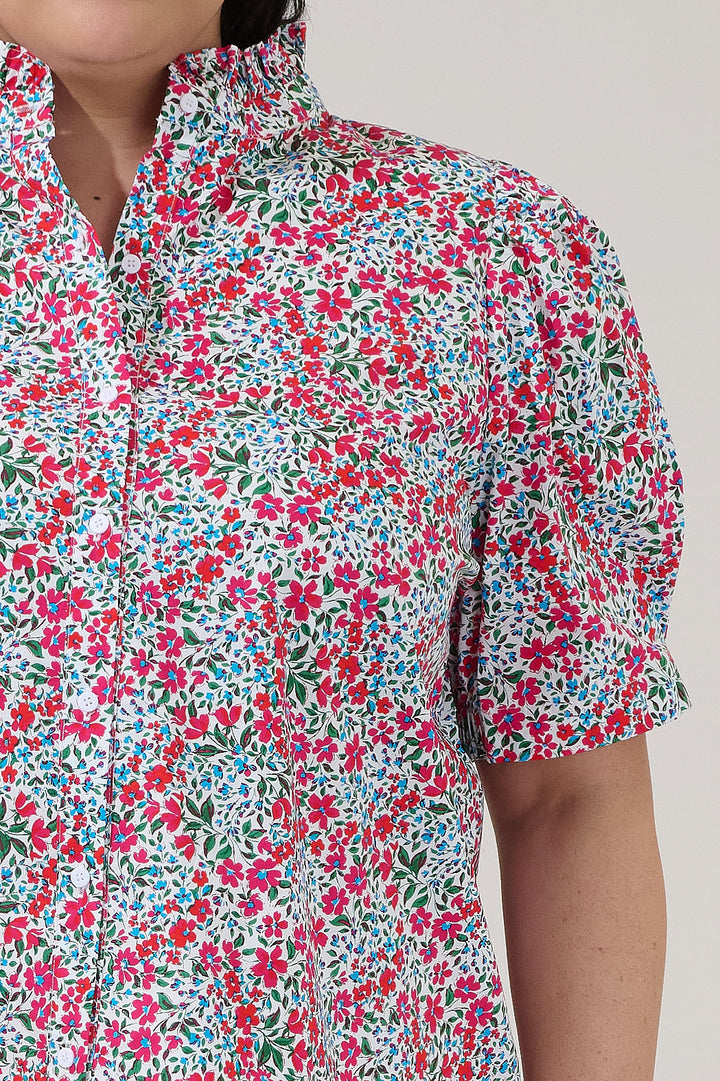 Finley Ruffle Button Down Top Floral Curve