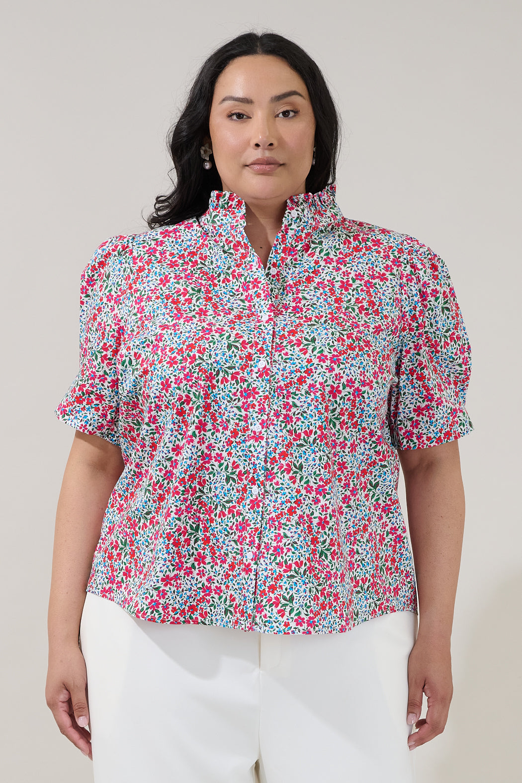 Finley Ruffle Button Down Top Floral Curve