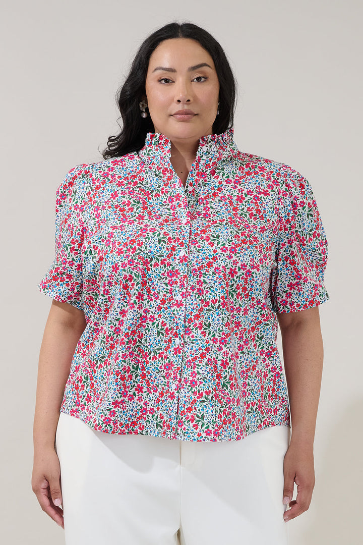 Finley Ruffle Button Down Top Floral Curve